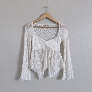 Kimchi Blue White Lace Sheer Long Sleeve Babydoll Top Y2K Romantic Boho Size S